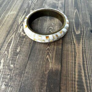 Vintage Bone & Brass Mosaic Bangle Bracelet – Boho / Tribal / Artisan